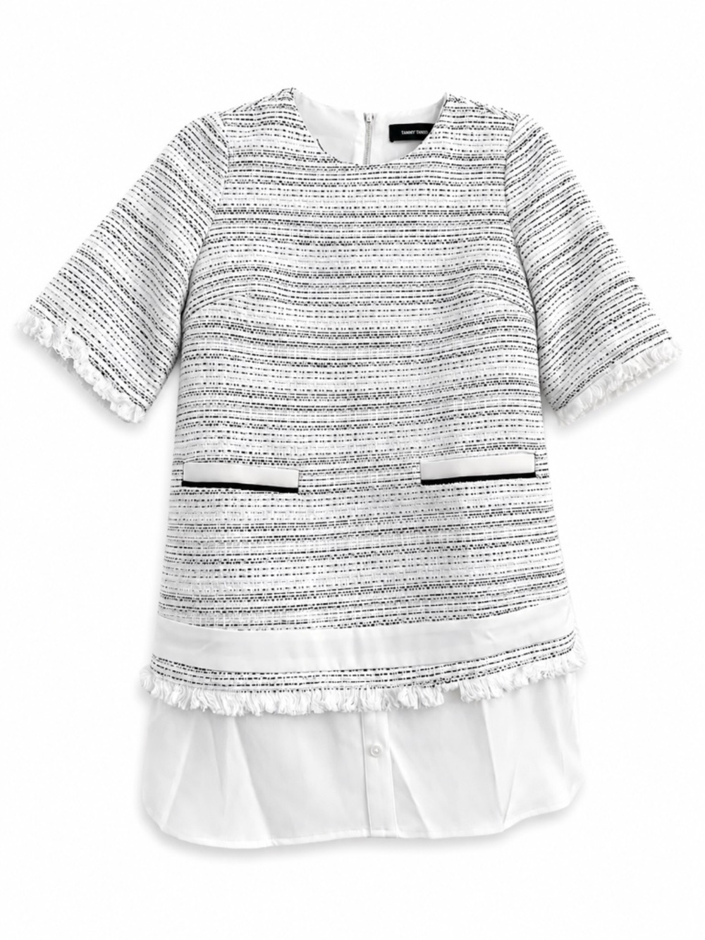 Tammy Tangs White & Black Tweed Fringe Tunic Top